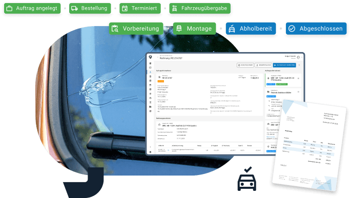Car windshield with a crack next to a digital invoice and document icons showing stages of a windshield repair process, including order created, scheduled, preparation, installation, ready for pickup, and completed.